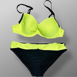 Neon Yellow Black Colorblock Bikini Set L Push Up Underwire High Waist 2PC